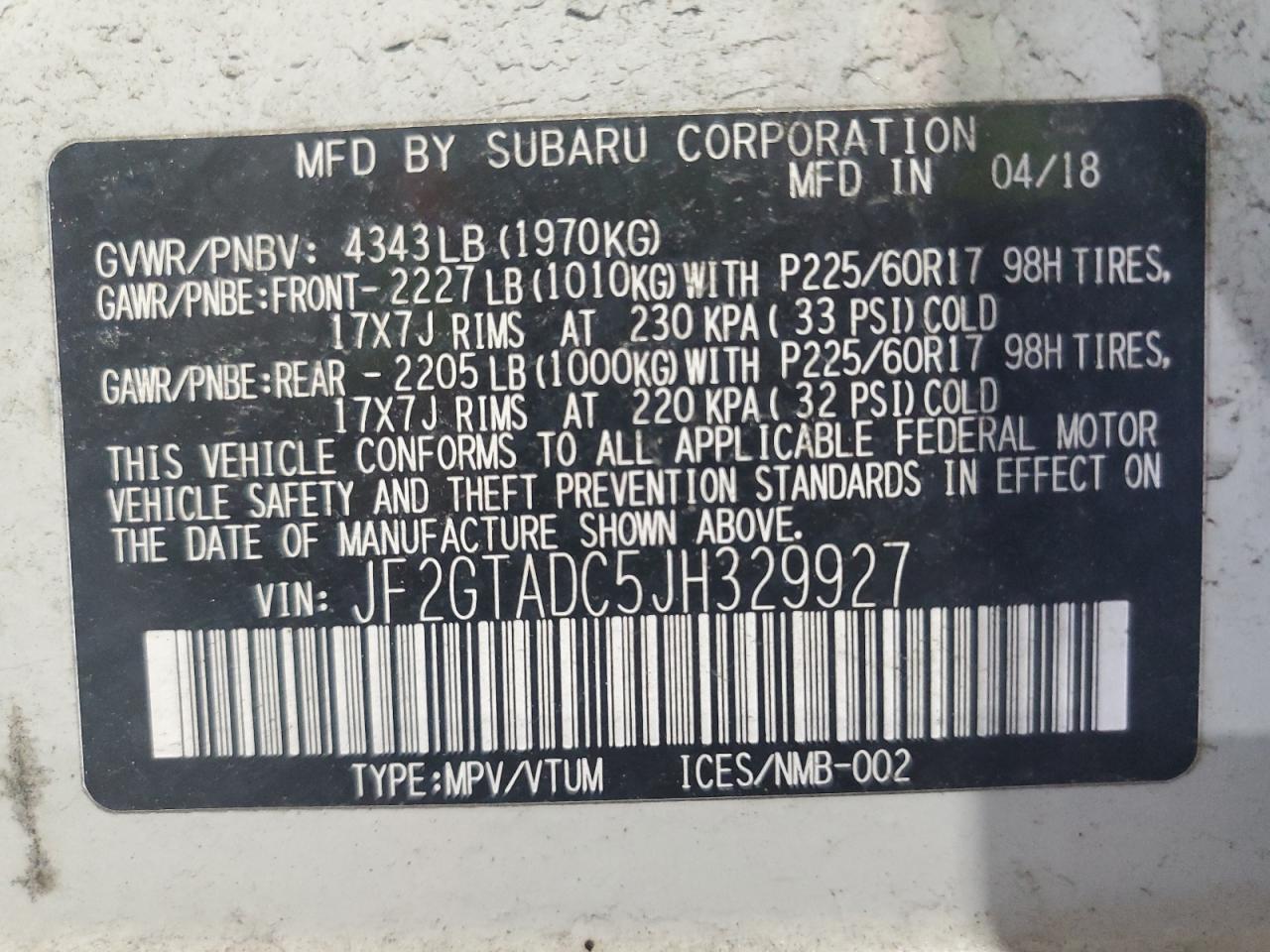 2018 Subaru Crosstrek Premium VIN: JF2GTADC5JH329927 Lot: 70620775