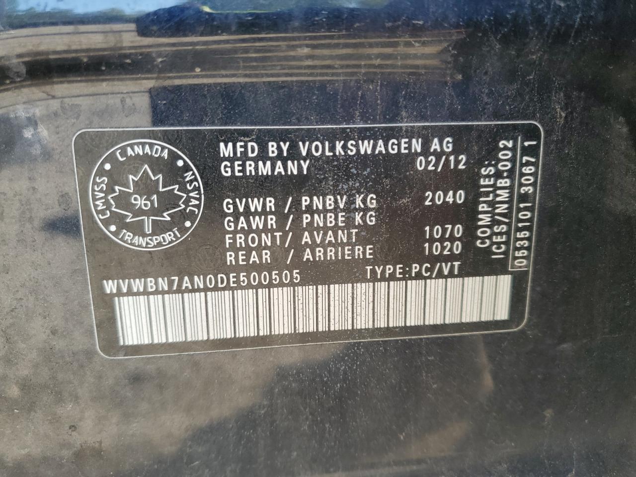 2013 Volkswagen Cc Sport VIN: WVWBN7AN0DE500505 Lot: 70860295