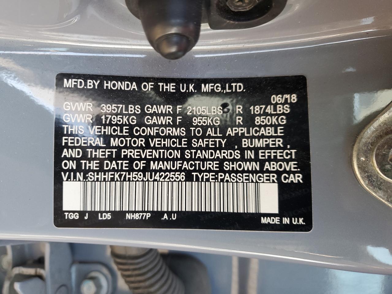 2018 Honda Civic Ex VIN: SHHFK7H59JU422556 Lot: 81883095