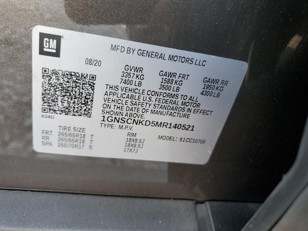 2021 Chevrolet Tahoe C1500 Lt VIN: 1GNSCNKD5MR140521 Lot: 80850985