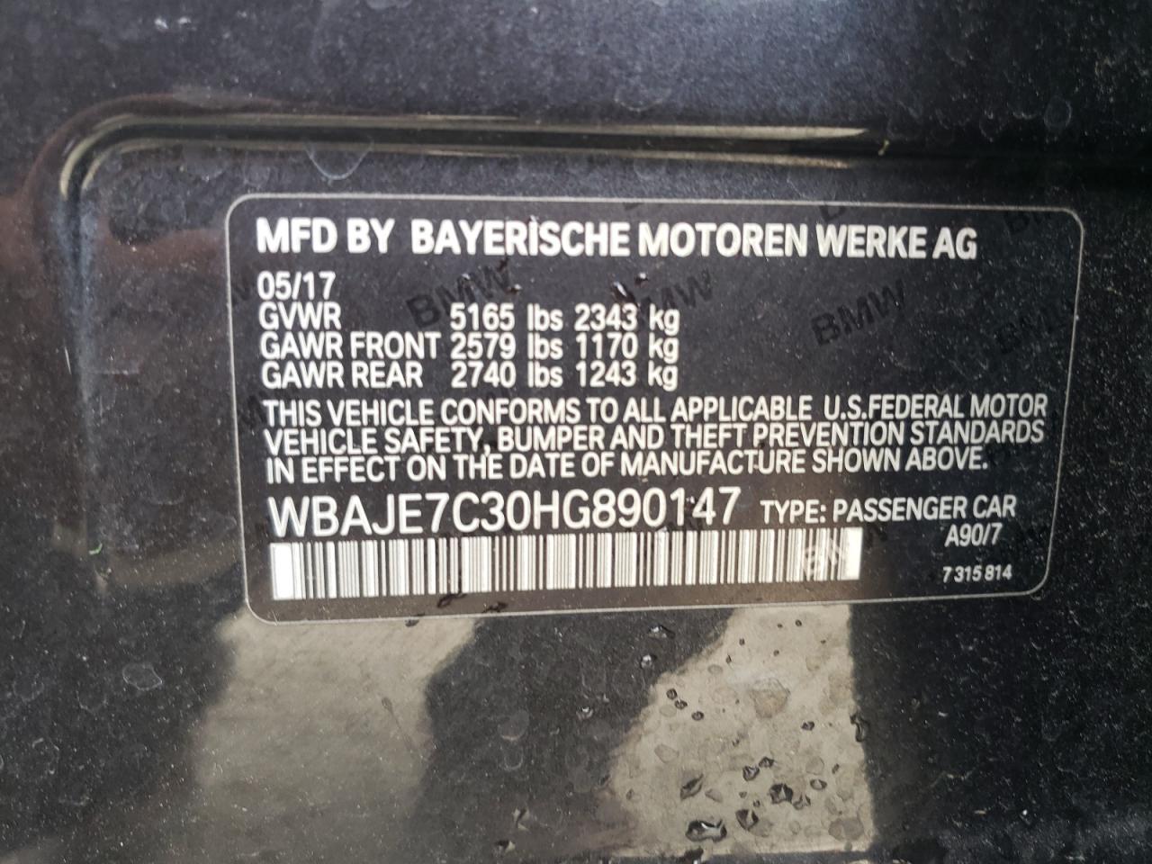 2017 BMW 540 Xi VIN: WBAJE7C30HG890147 Lot: 71221115