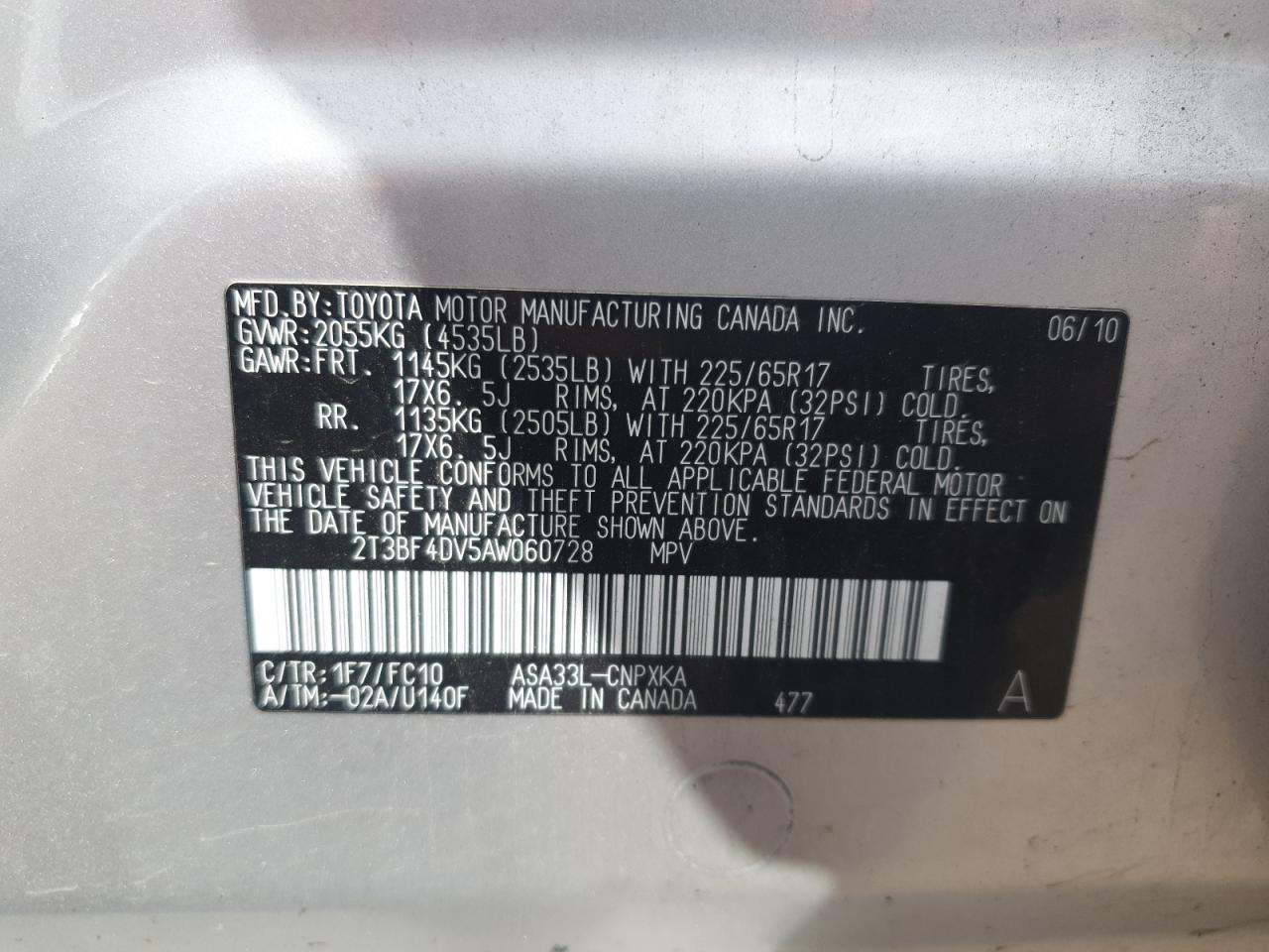 2010 Toyota Rav4 VIN: 2T3BF4DV5AW060728 Lot: 84653205