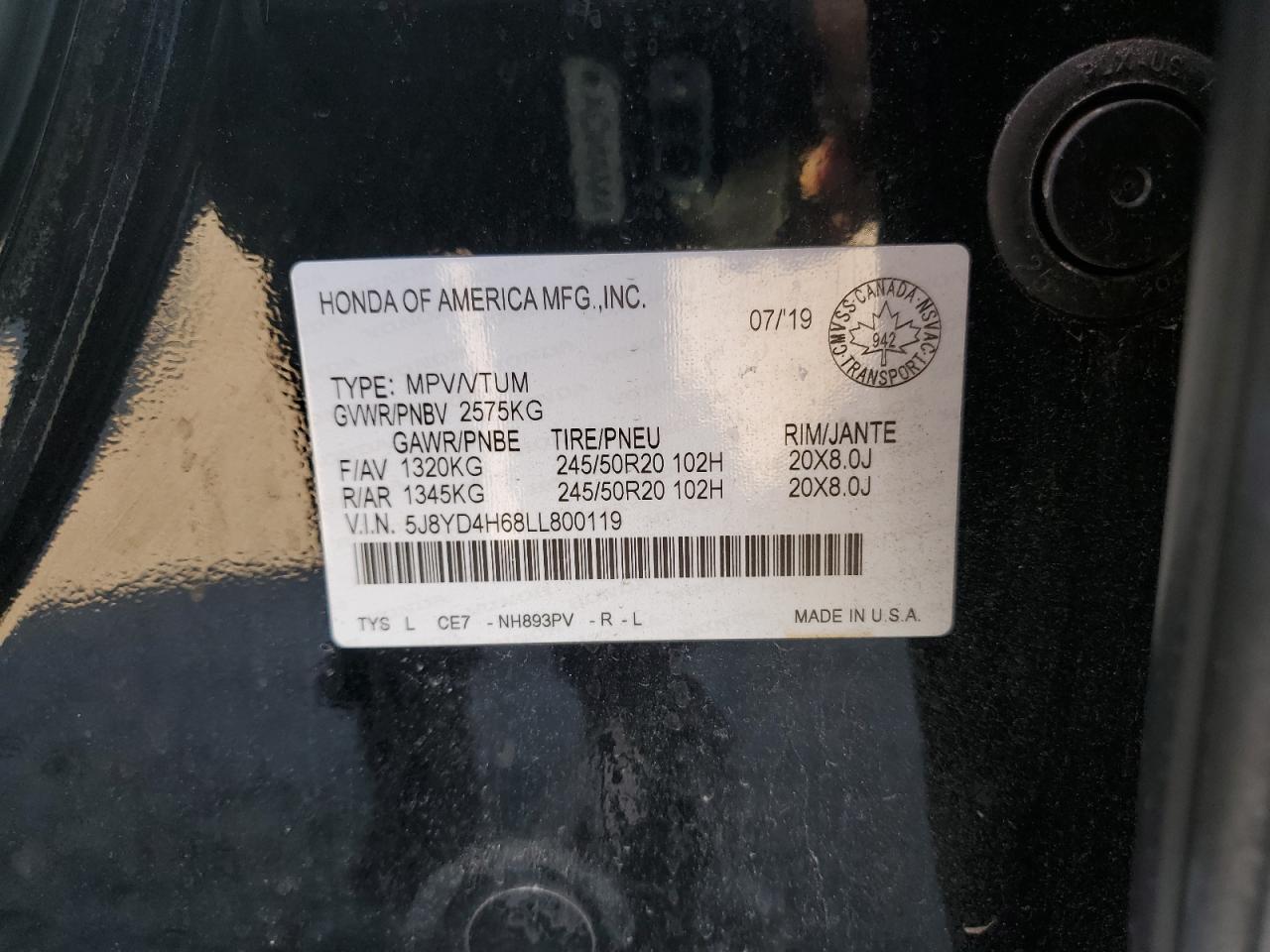 2020 Acura Mdx Tech Plus VIN: 5J8YD4H68LL800119 Lot: 84387185