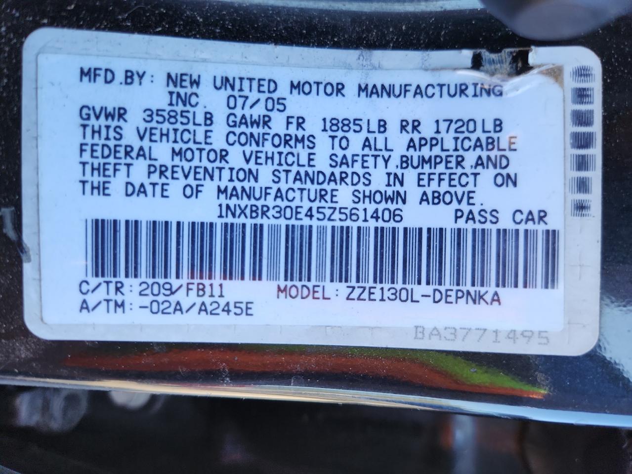 2005 Toyota Corolla Ce VIN: 1NXBR30E45Z561406 Lot: 81486255