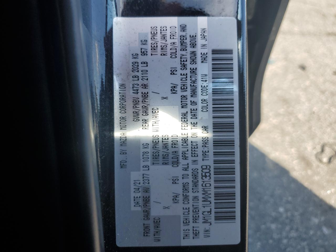 2021 Mazda 6 Sport VIN: JM1GL1UMXM1613509 Lot: 80149015