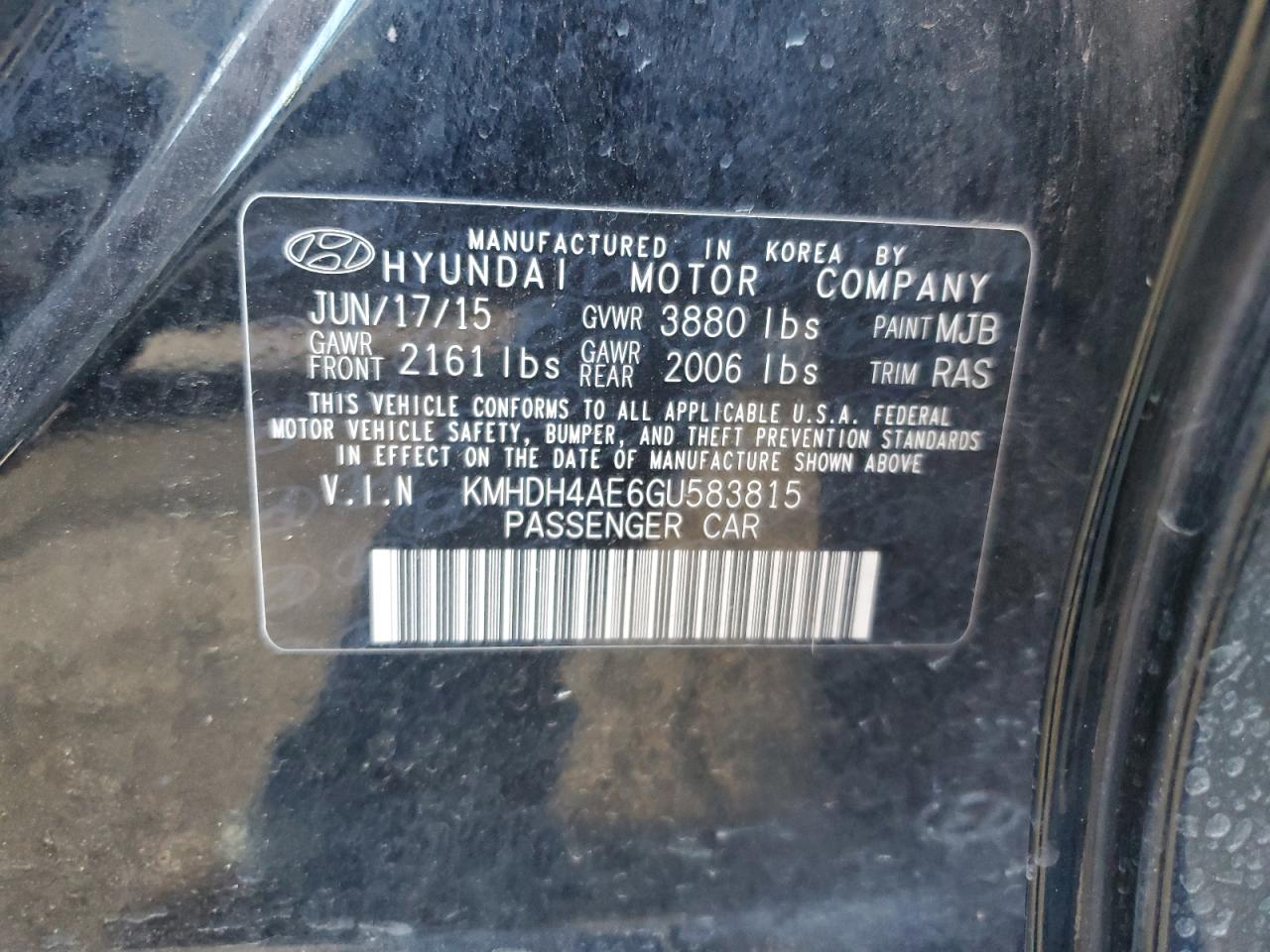 2016 Hyundai Elantra Se VIN: KMHDH4AE6GU583815 Lot: 80198595