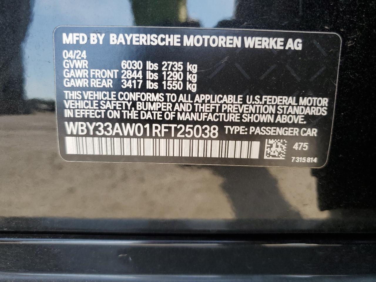 2024 BMW I4 M50 VIN: WBY33AW01RFT25038 Lot: 72022105