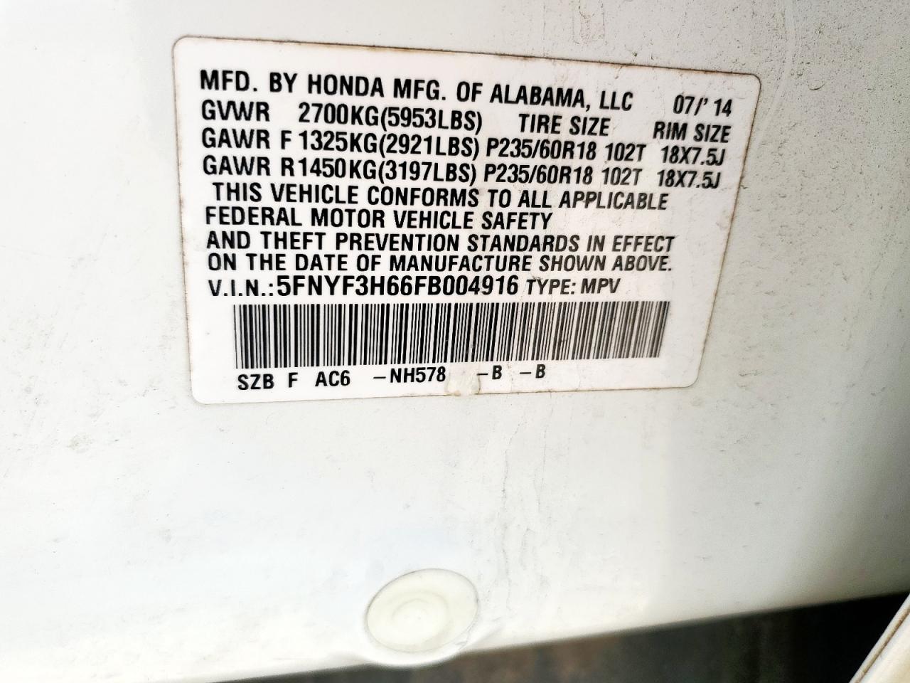 2015 Honda Pilot Exl VIN: 5FNYF3H66FB004916 Lot: 71541095