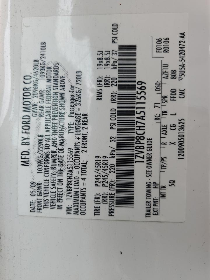 2010 Ford Mustang Gt VIN: 1ZVBP8CH7A5115569 Lot: 71799115