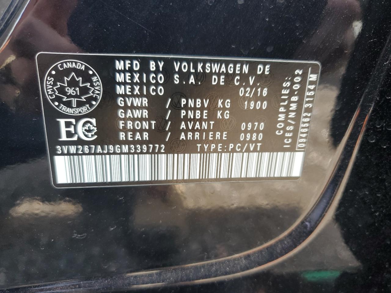 2016 Volkswagen Jetta S VIN: 3VW267AJ9GM339772 Lot: 71864095