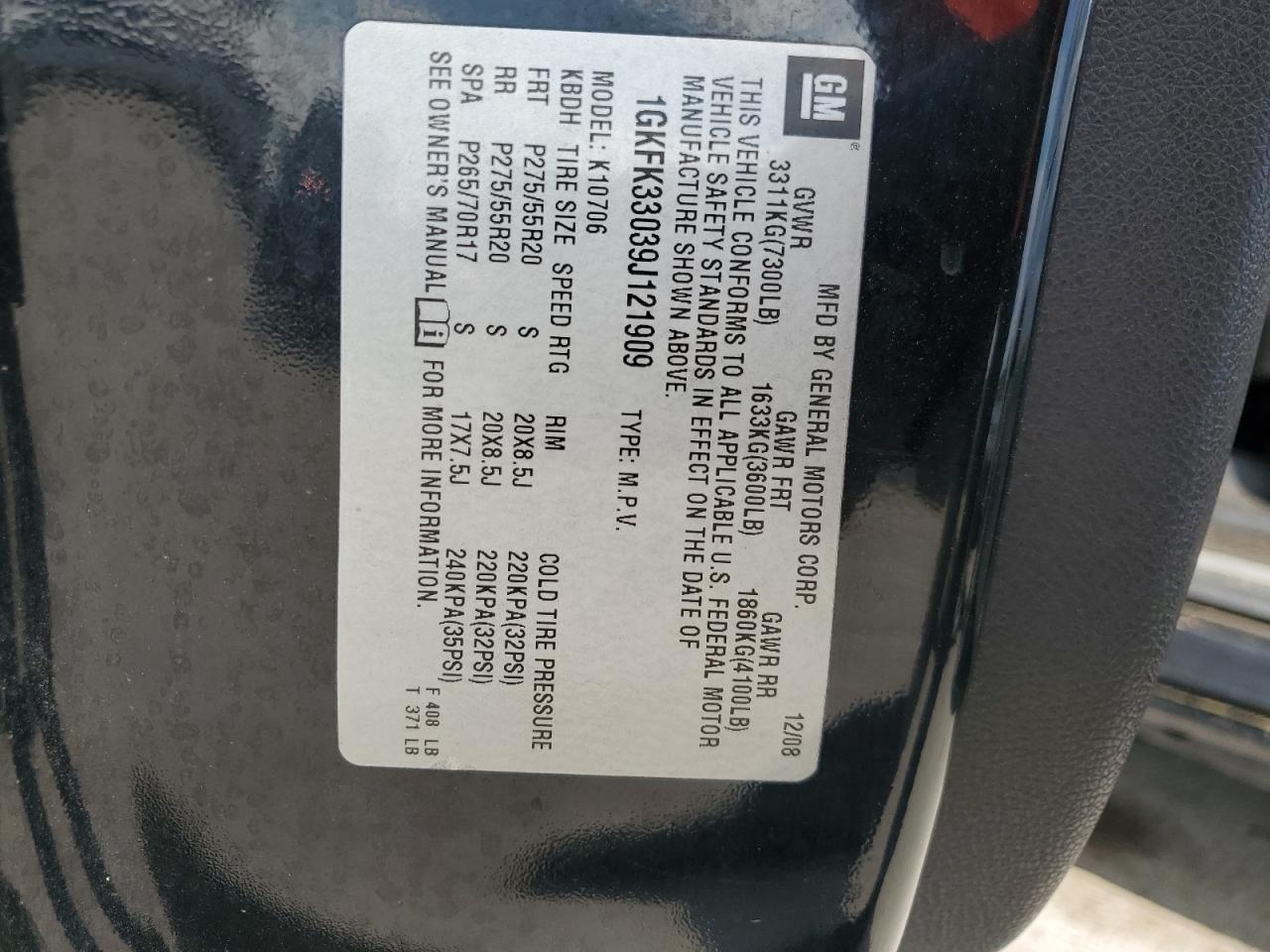 2009 GMC Yukon Slt VIN: 1GKFK33039J121909 Lot: 81198665