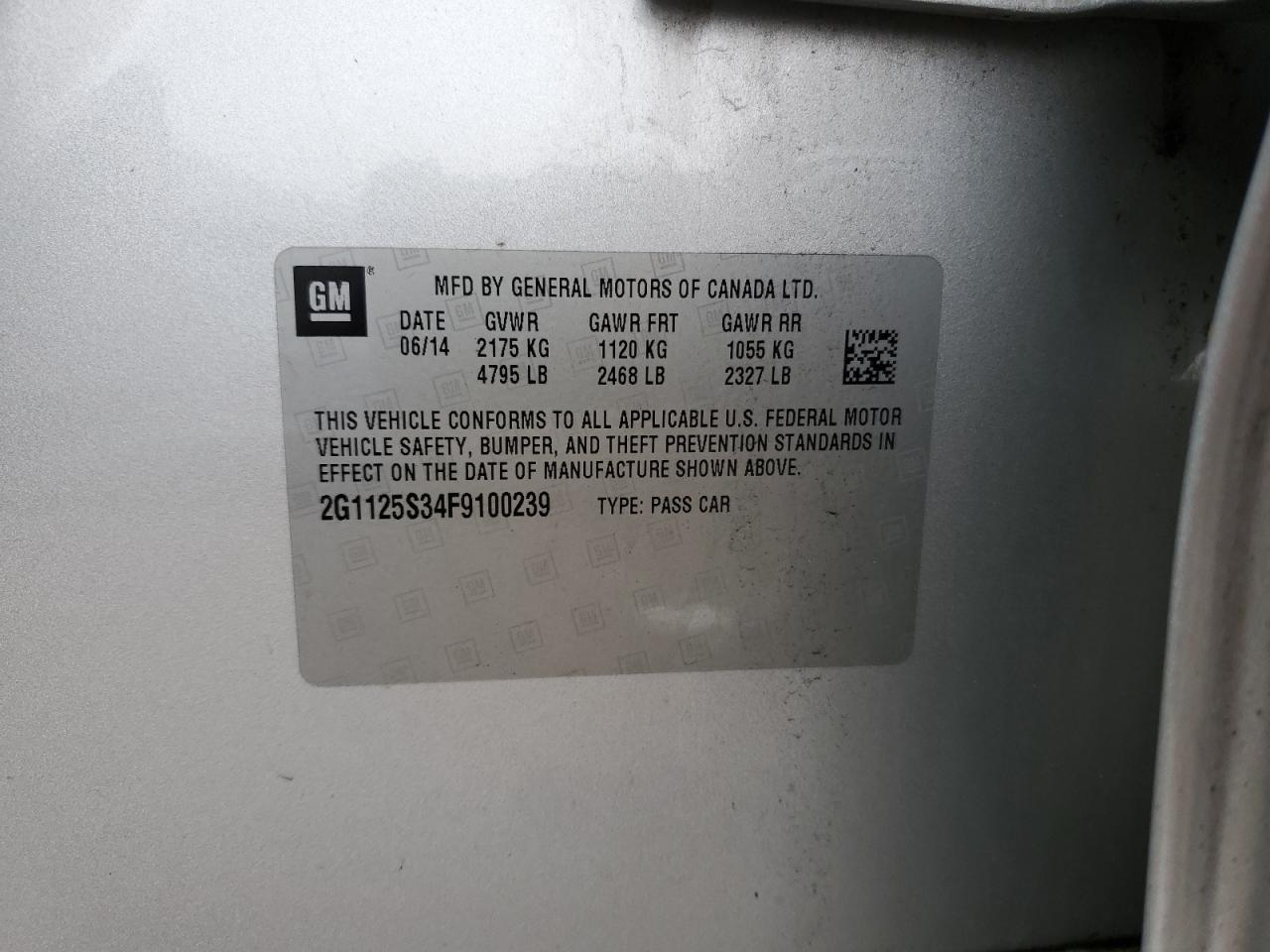 2015 Chevrolet Impala Lt VIN: 2G1125S34F9100239 Lot: 83752155