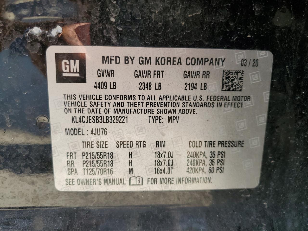 2020 Buick Encore Preferred VIN: KL4CJESB3LB329221 Lot: 84550685