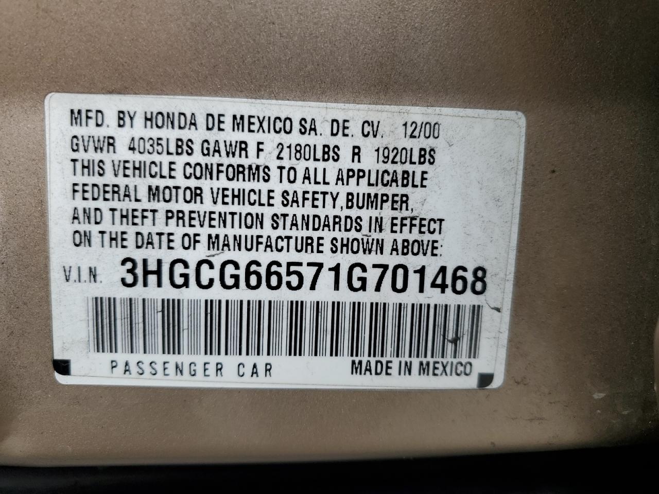 2001 Honda Accord Lx VIN: 3HGCG66571G701468 Lot: 81768185