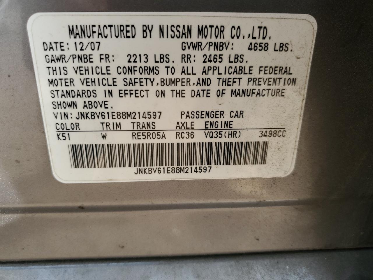 2008 Infiniti G35 VIN: JNKBV61E88M214597 Lot: 81516045