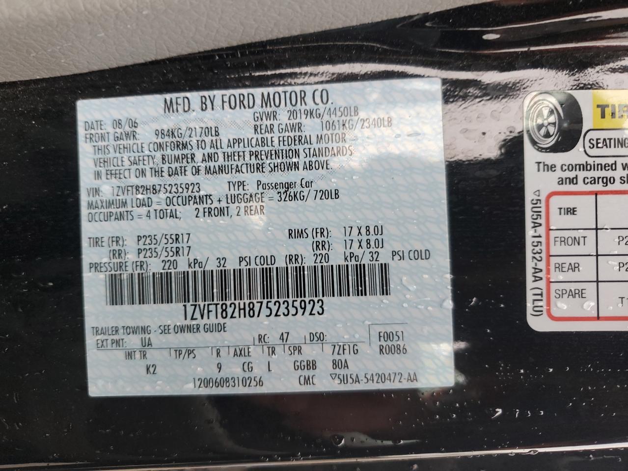 2007 Ford Mustang Gt VIN: 1ZVFT82H875235923 Lot: 81500215