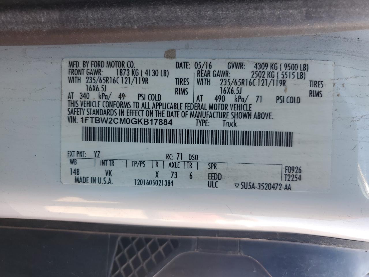 2016 Ford Transit T-350 VIN: 1FTBW2CM0GKB17884 Lot: 69928015