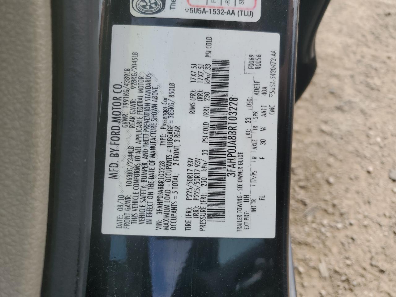 2011 Ford Fusion Sel VIN: 3FAHP0JA8BR103228 Lot: 81566025