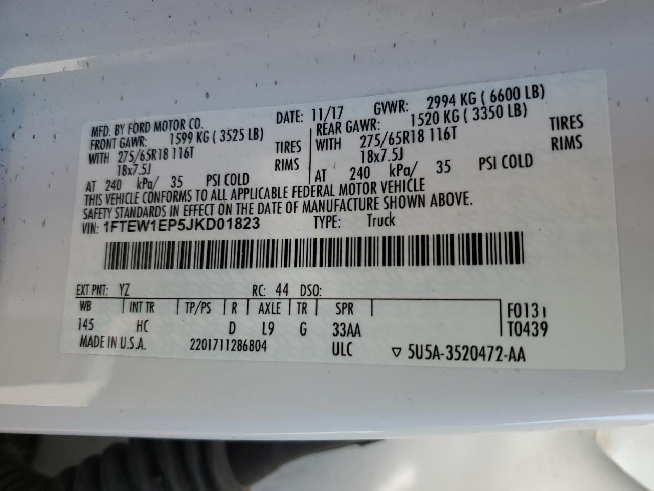 2018 Ford F150 Supercrew VIN: 1FTEW1EP5JKD01823 Lot: 71638565