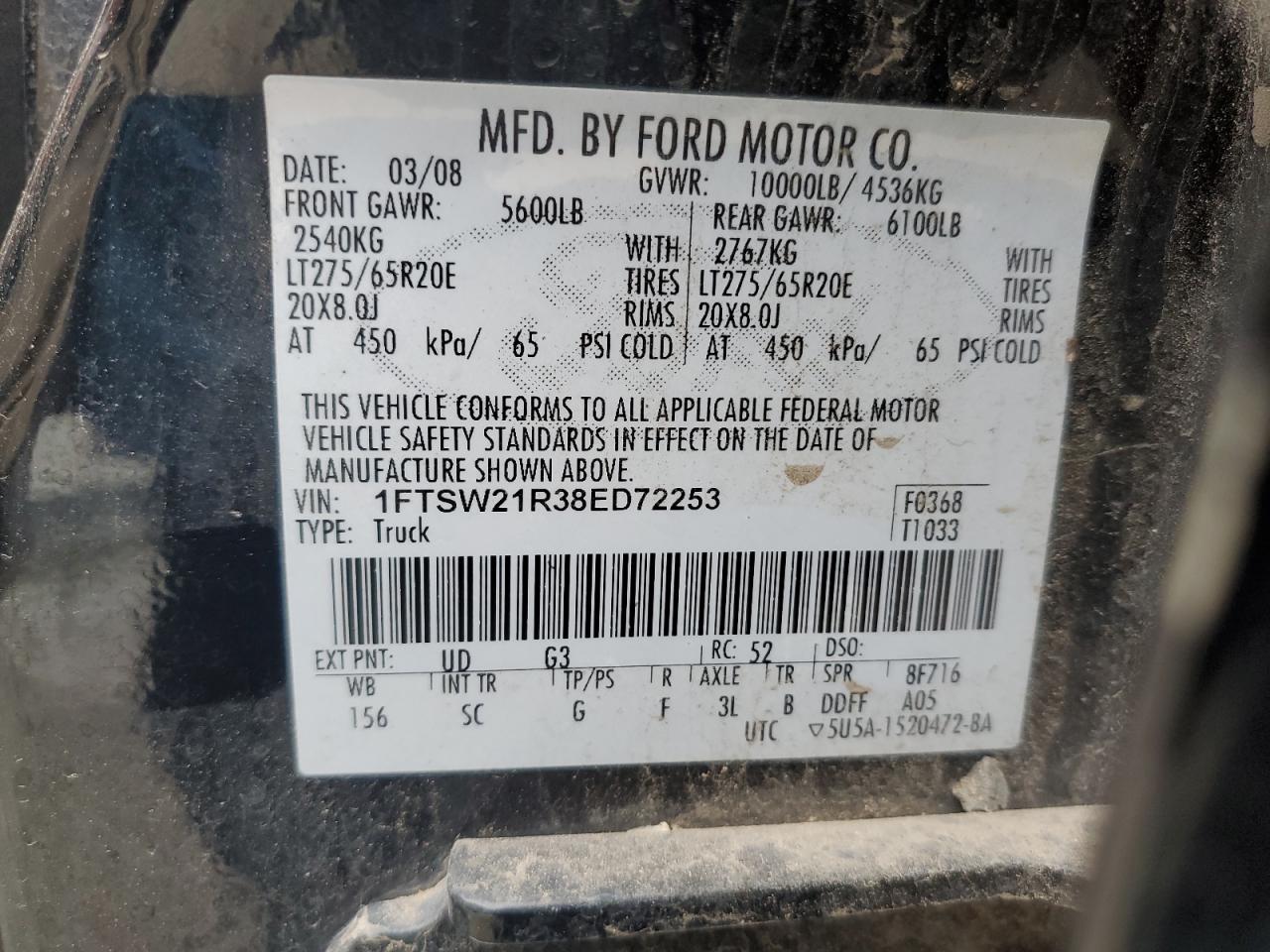 2008 Ford F250 Super Duty VIN: 1FTSW21R38ED72253 Lot: 84231645