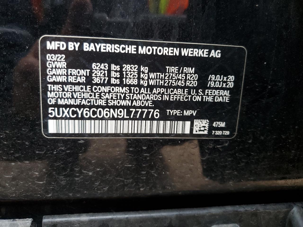2022 BMW X6 xDrive40I VIN: 5UXCY6C06N9L77776 Lot: 71215295