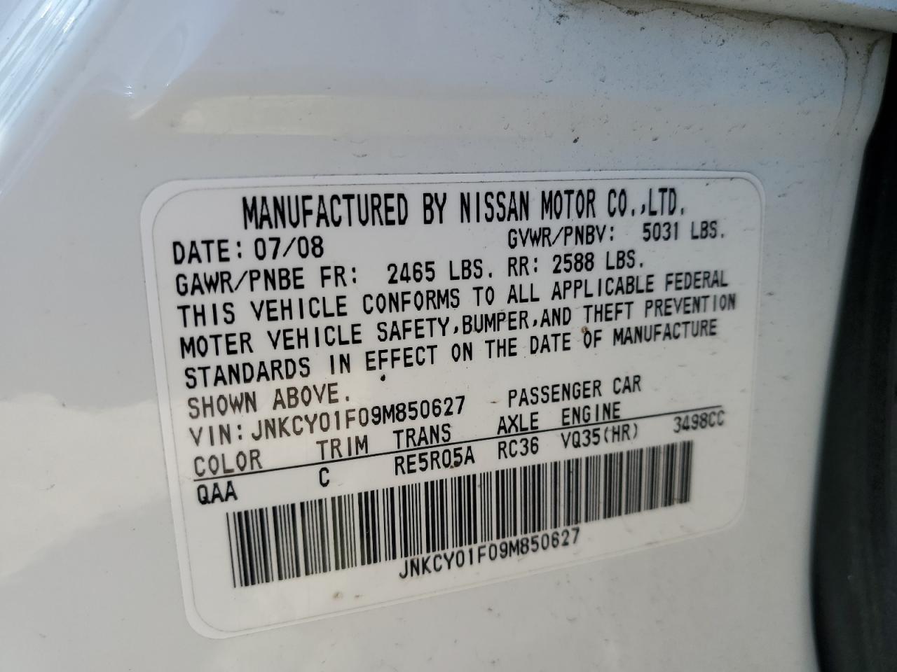 2009 Infiniti M35 Base VIN: JNKCY01F09M850627 Lot: 92795315