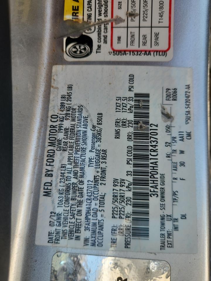 2012 Ford Fusion Se VIN: 3FAHP0HA1CR437012 Lot: 82165715