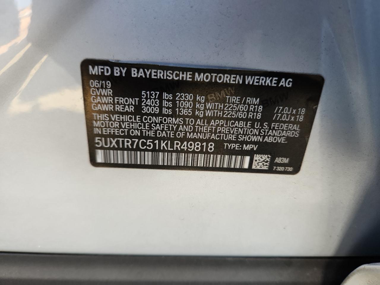 2019 BMW X3 Sdrive30I VIN: 5UXTR7C51KLR49818 Lot: 81299225