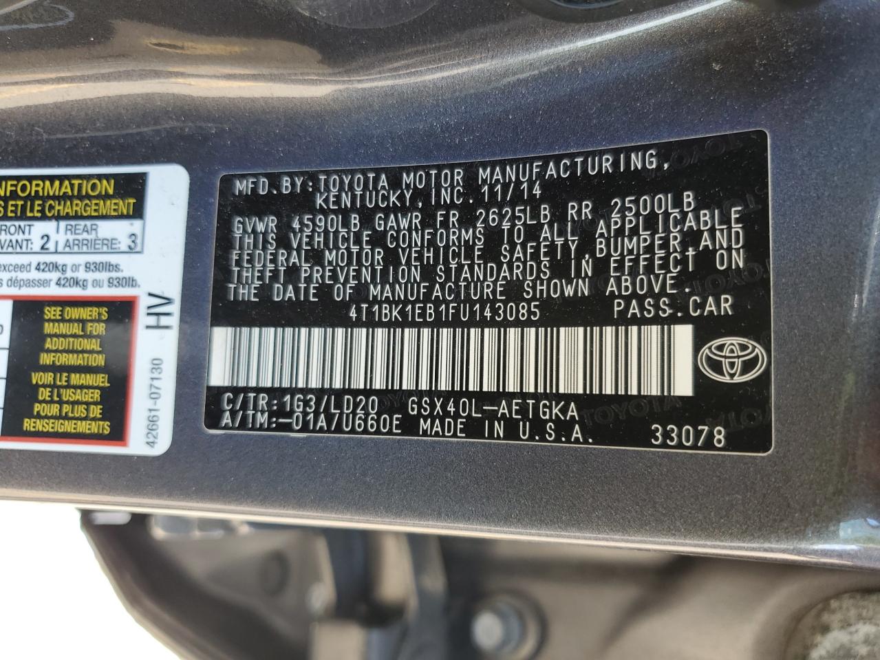 2015 Toyota Avalon Xle VIN: 4T1BK1EB1FU143085 Lot: 84383885