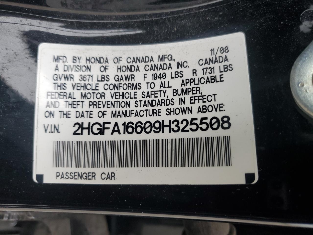 2009 Honda Civic Lx-S VIN: 2HGFA16609H325508 Lot: 80026845