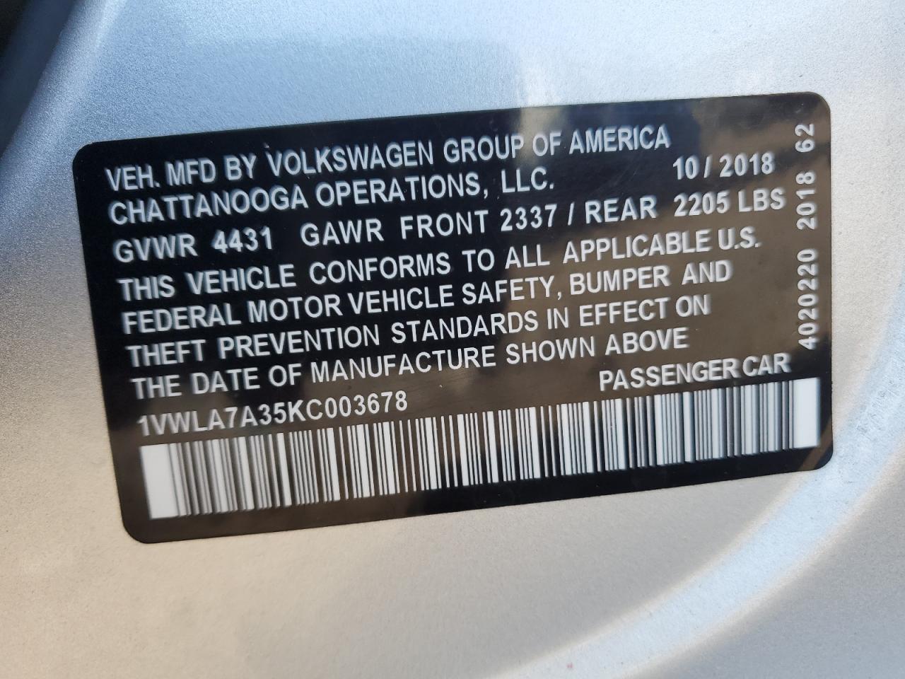 2019 Volkswagen Passat Wolfsburg VIN: 1VWLA7A35KC003678 Lot: 80939155