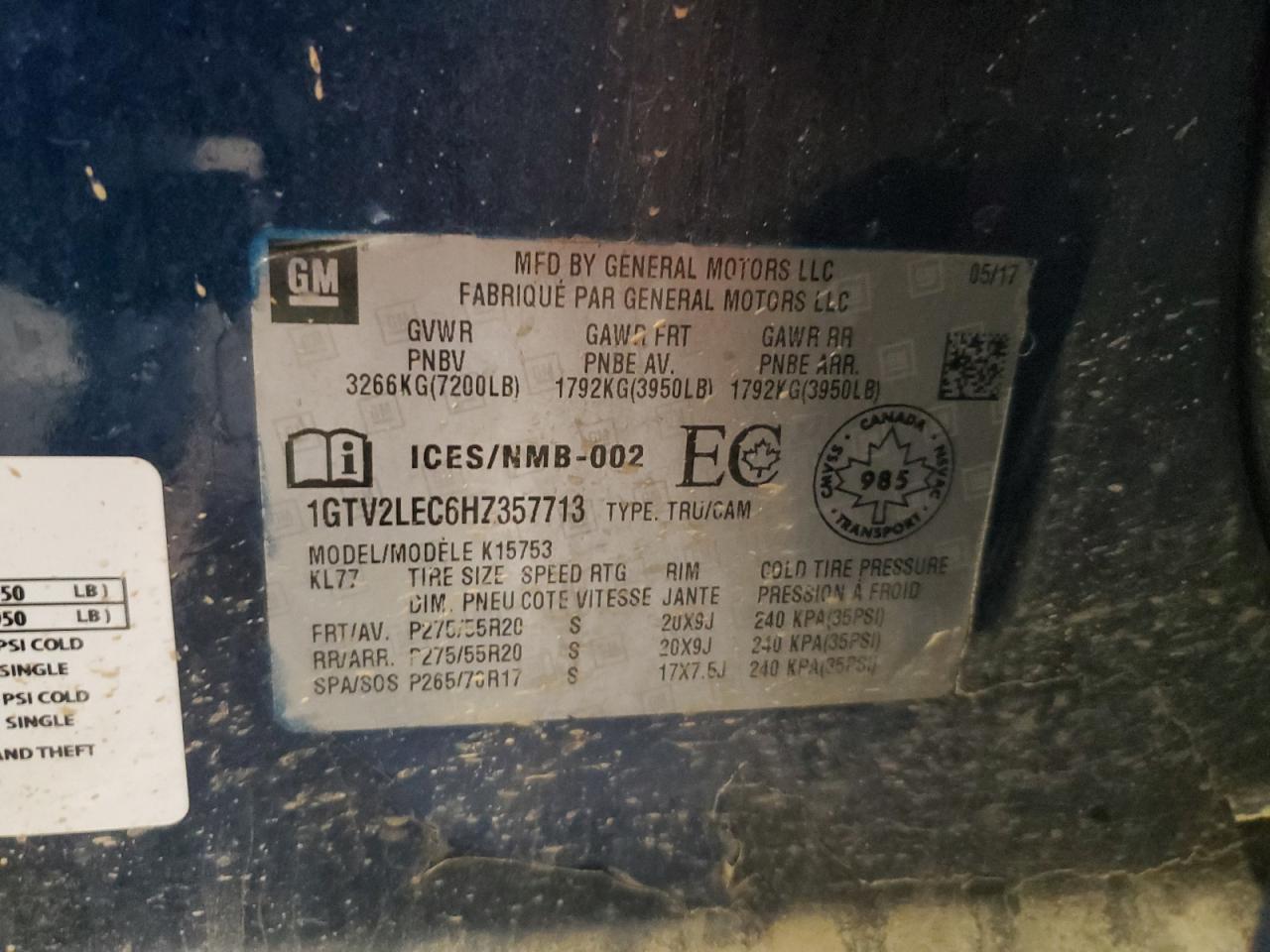 2017 GMC Sierra K1500 VIN: 1GTV2LEC6HZ357713 Lot: 81837565