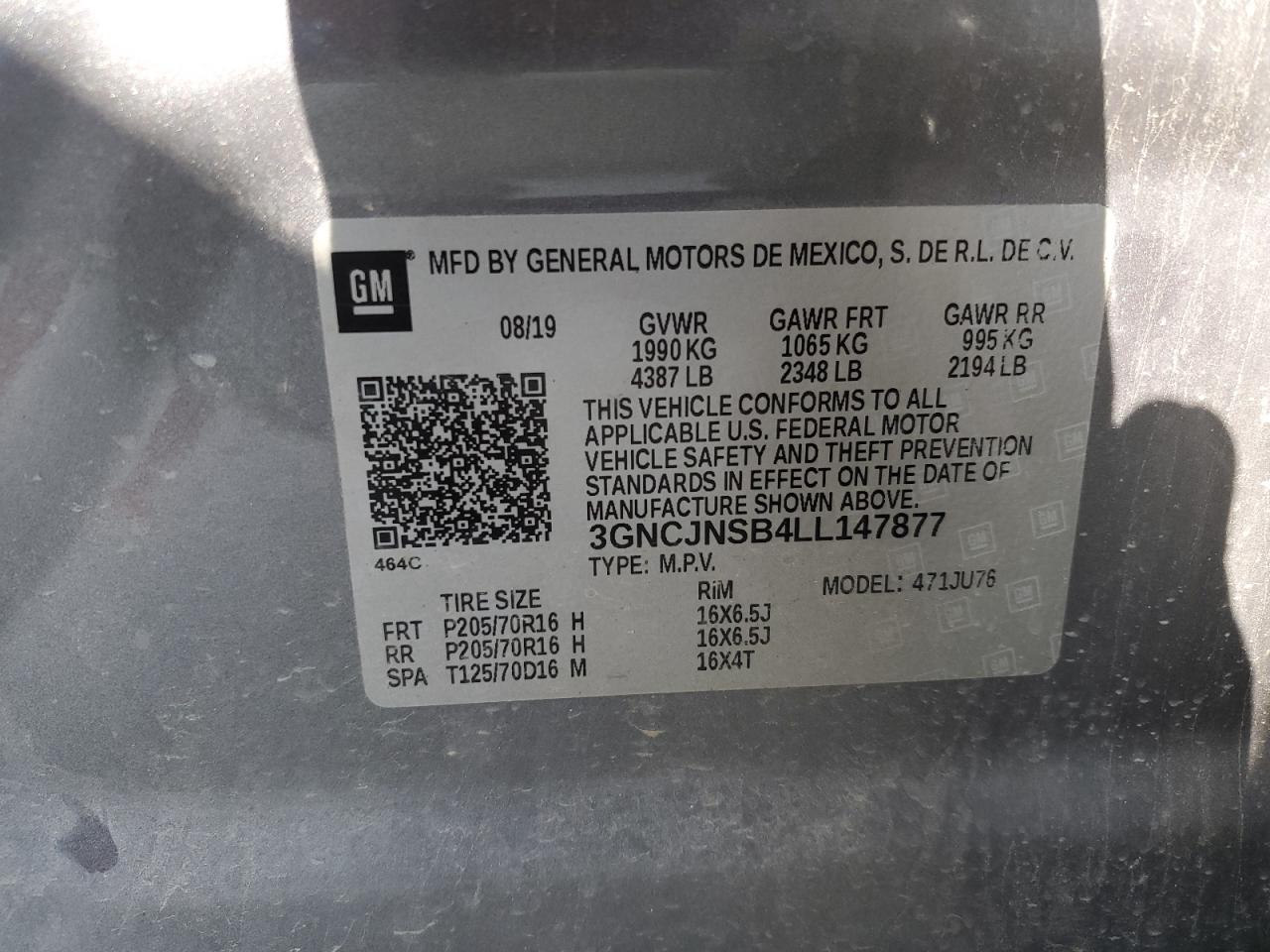 2020 Chevrolet Trax Ls VIN: 3GNCJNSB4LL147877 Lot: 71950265