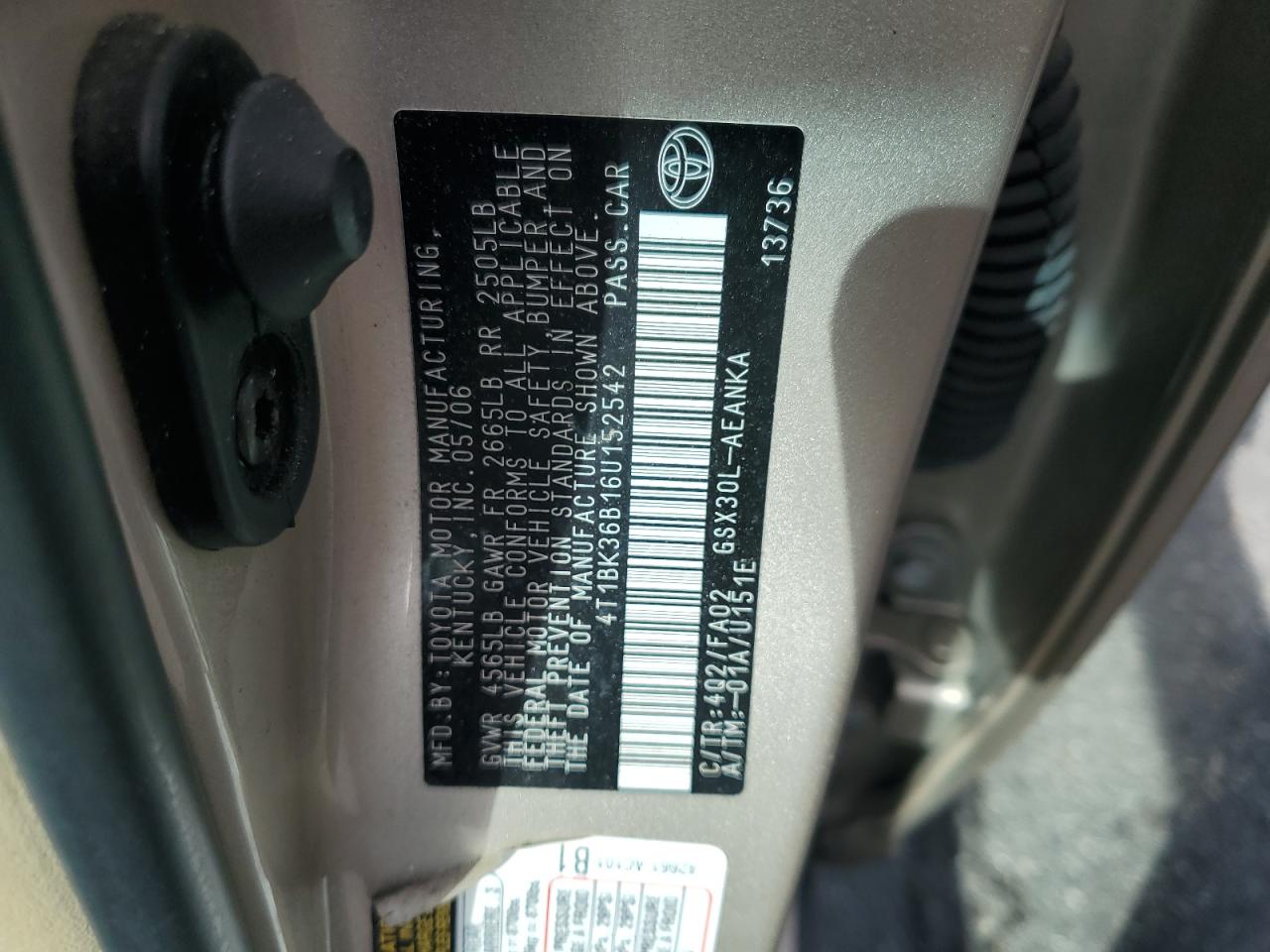 2006 Toyota Avalon Xl VIN: 4T1BK36B16U152542 Lot: 83995915