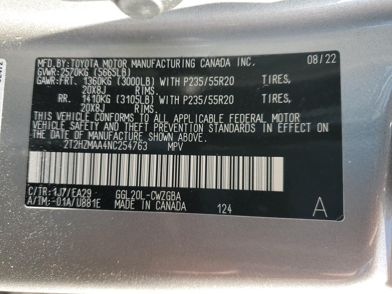 2022 Lexus Rx 350 VIN: 2T2HZMAA4NC254763 Lot: 82060275