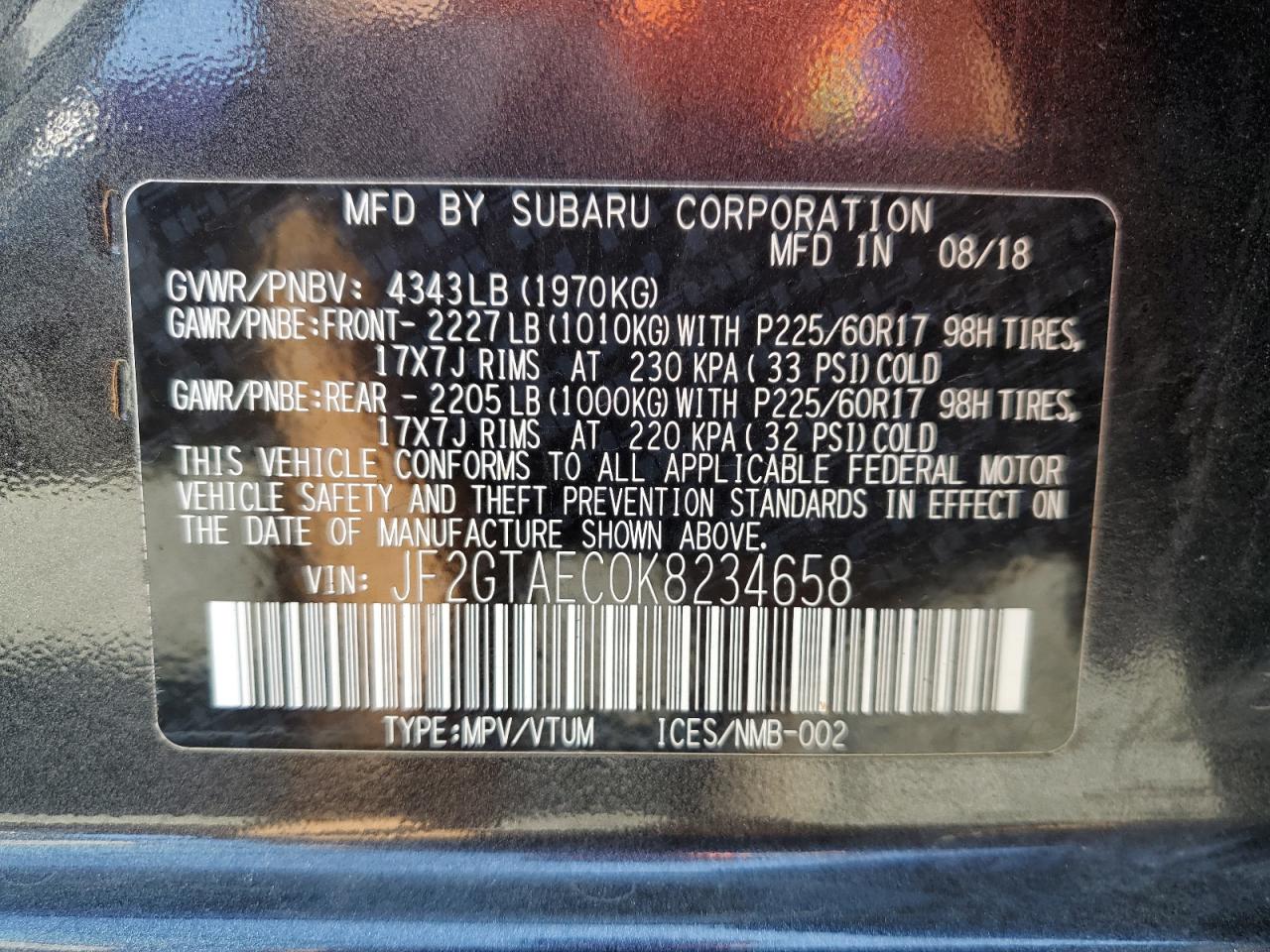 2019 Subaru Crosstrek Premium VIN: JF2GTAEC0K8234658 Lot: 84904555