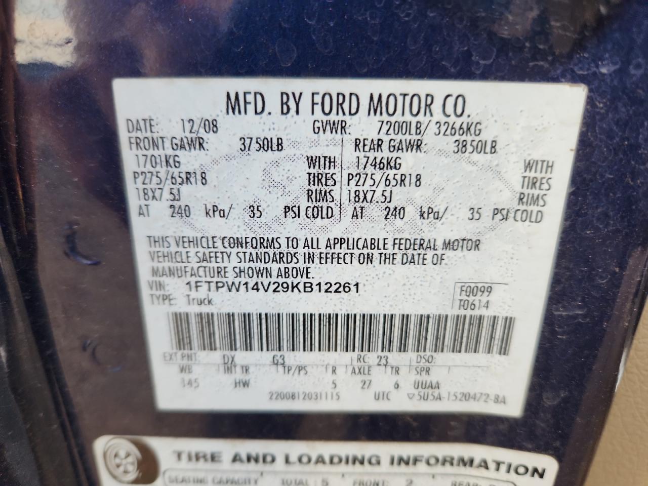 2009 Ford F150 Supercrew VIN: 1FTPW14V29KB12261 Lot: 80883345