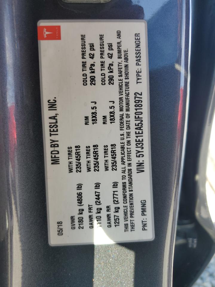 2018 Tesla Model 3 VIN: 5YJ3E1EA5JF018972 Lot: 81344535