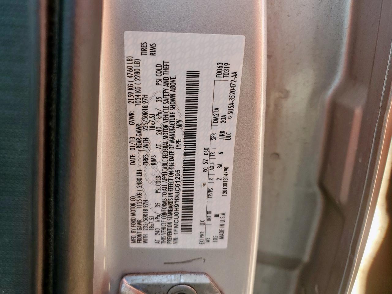 2013 Ford Escape Sel VIN: 1FMCU0H91DUC61295 Lot: 80880775