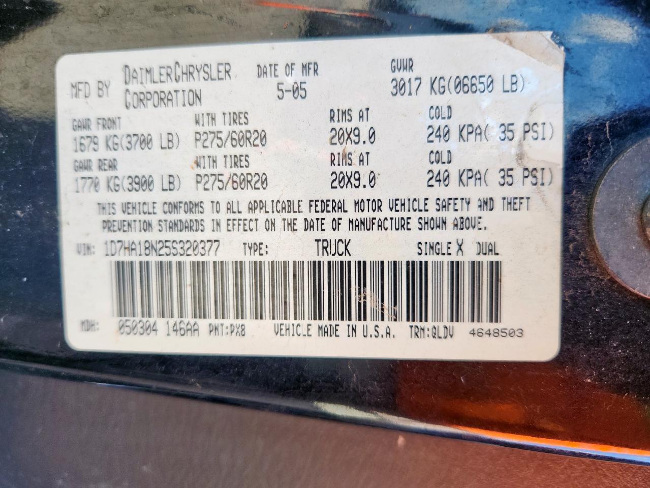 2005 Dodge Ram 1500 St VIN: 1D7HA18N25S320377 Lot: 84011825