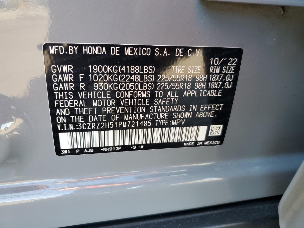 2023 Honda Hr-V Sport VIN: 3CZRZ2H51PM721485 Lot: 71510335