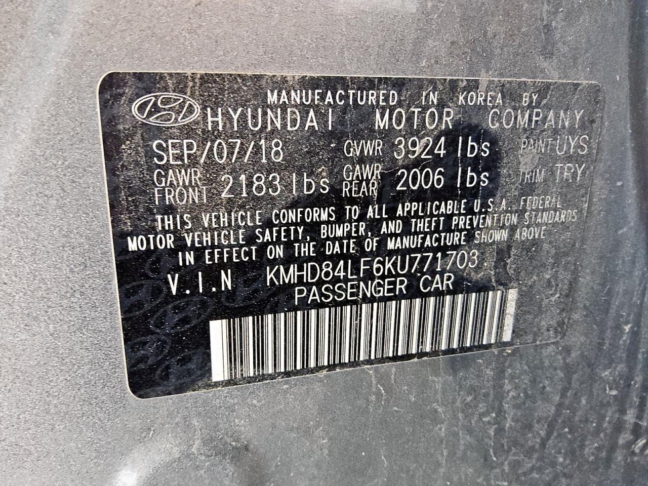 2019 Hyundai Elantra Sel VIN: KMHD84LF6KU771703 Lot: 83842235