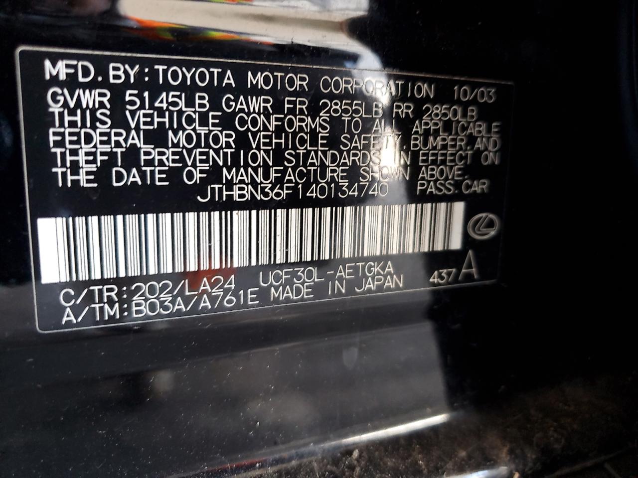 2004 Lexus Ls 430 VIN: JTHBN36F140134740 Lot: 80915595