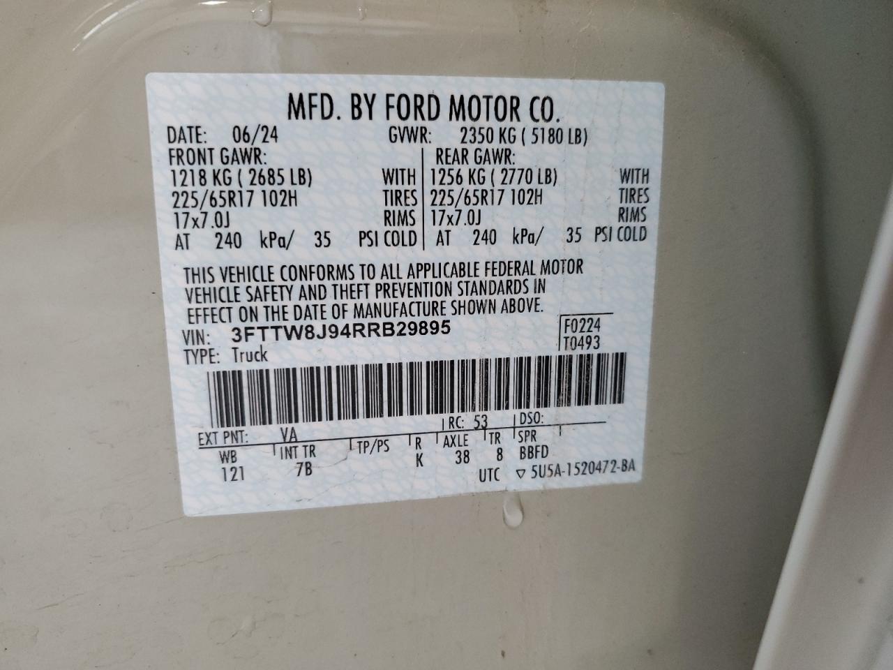 2024 Ford Maverick Xlt VIN: 3FTTW8J94RRB29895 Lot: 81777415