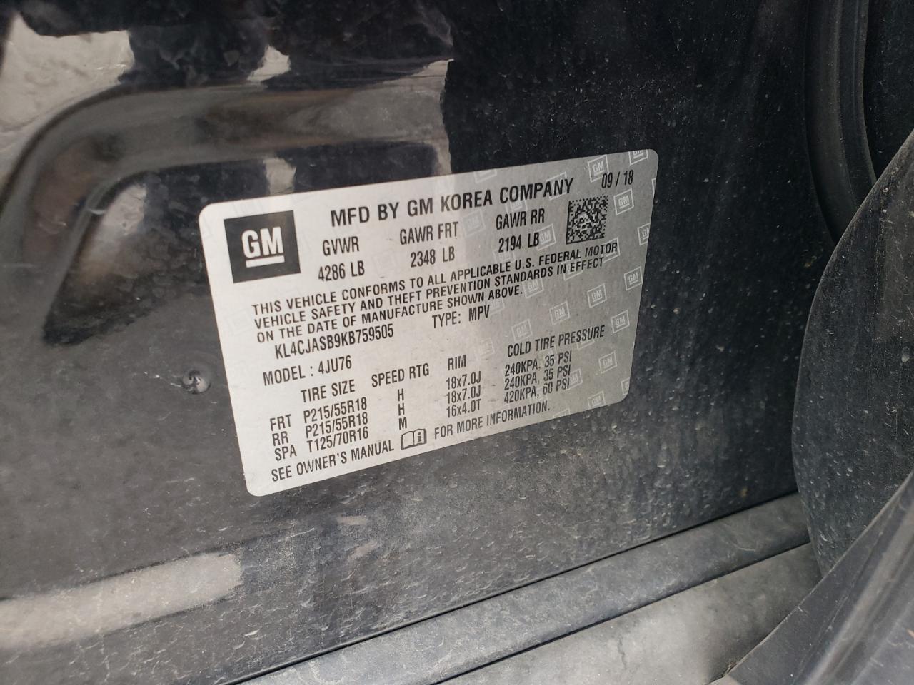 2019 Buick Encore Preferred VIN: KL4CJASB9KB759505 Lot: 81485355