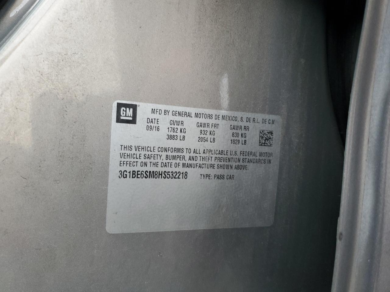 2017 Chevrolet Cruze Lt VIN: 3G1BE6SM8HS532218 Lot: 83982145