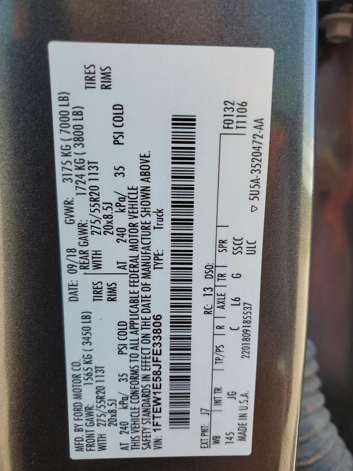 2018 Ford F150 Supercrew VIN: 1FTEW1E58JFE33806 Lot: 83932535