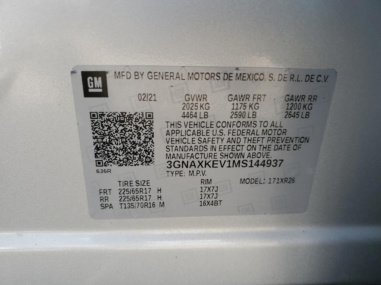 2021 Chevrolet Equinox VIN: 3GNAXKEV1MS144937 Lot: 71812475