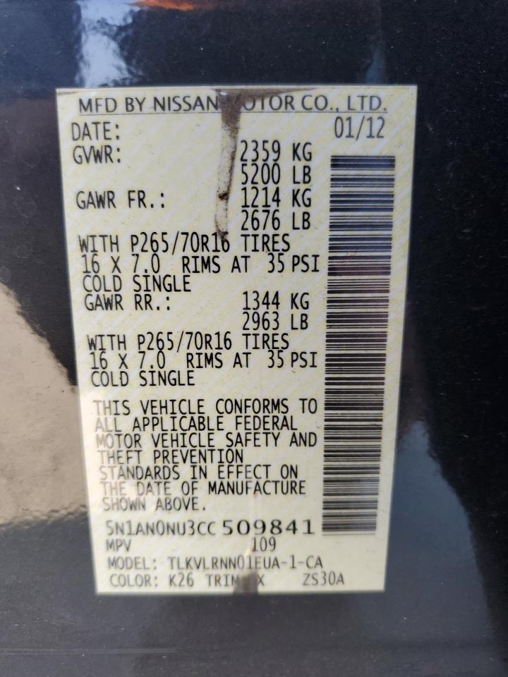 2012 Nissan Xterra Off Road VIN: 5N1AN0NU3CC509841 Lot: 82158655