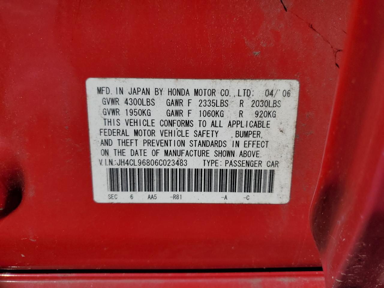 2006 Acura Tsx VIN: JH4CL96806C023483 Lot: 71277605